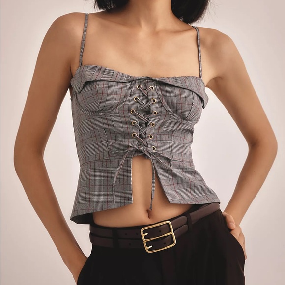 Anthropologie Plaid Lace Corset Top - Picture 2 of 7